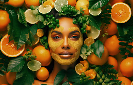 Abstract art portrait of young woman with flowers decoration comelinessの素材