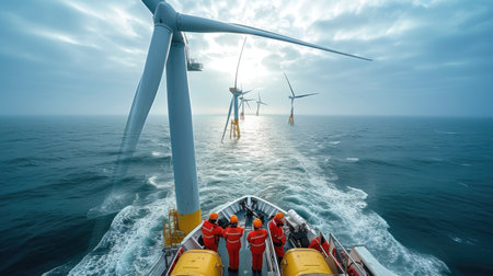 A man observes wind turbines on a boat amidst the vast ocean, with the sky, clouds, and water blending harmoniously. AIG41の素材