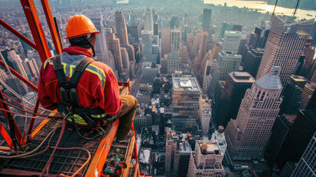 A construction worker stands atop a skyscraper, surrounded by the mesmerizing city landscape, under a cloudy sky with water glittering in the distance. AIG41の素材