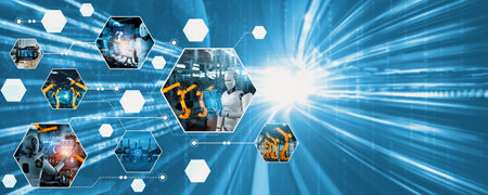 Automated AI industry robot and robotic arms assembly in factory production. Concept of artificial...