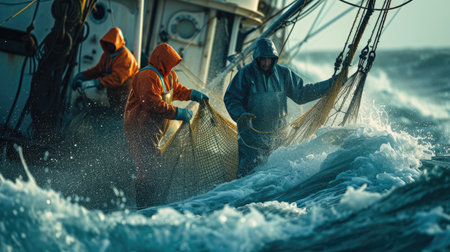 A rugged fishing boat cuts through turbulent ocean waves under a dramatic overcast sky, showcasing the resilience of maritime workers. AIG41の素材