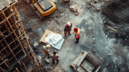 Construction workers examining a blueprint amidst the scenic landscape, with water and art enhancing the buildings architecture. AIG41の素材