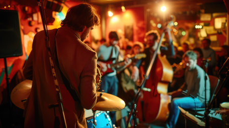 An evening jazz concert in a cozy club, musicians in deep concentration, audience immersed in the music. Resplendent.の素材