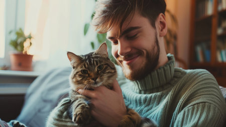 happy people at home with favorite pet , love and friendship of human and animal pragmaの素材