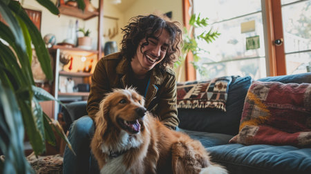 happy people at home with favorite pet , love and friendship of human and animal pragmaの素材