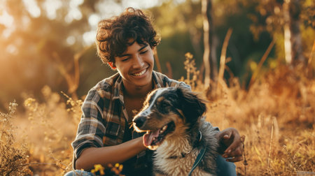 playful dog and its owner in nature outdoor , healthy lifestyle pragmaの素材