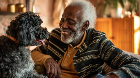 happy people at home with favorite pet , love and friendship of human and animal pragmaの素材