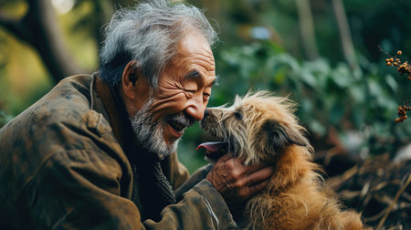 playful dog and its owner in nature outdoor , healthy lifestyle pragmaの素材