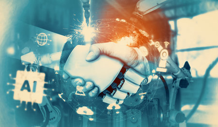 XAI Mechanized industry robot and human worker working together in future factory. Concept of artificial intelligence for industrial revolution and automation manufacturing process.の写真素材