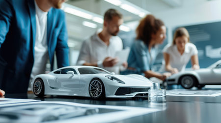 A team of individuals is collaborating on designing and assembling a model car, using components like tires, wheels, vehicle body parts, lights, and mirrors. AIG41の素材