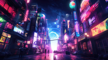 A cyberpunk-inspired cityscape at night, illuminated by neon signs and lights, with futuristic cars traversing the vividly colored streets. Resplendent.の素材
