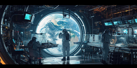 A high-tech laboratory on a space station, futuristic technology, astronauts conducting experiments, a view of Earth from space. Resplendent.の素材