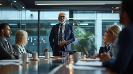 A confident senior executive stands at the head of the boardroom table, leading a strategic meeting with the corporate team. AIG41の素材