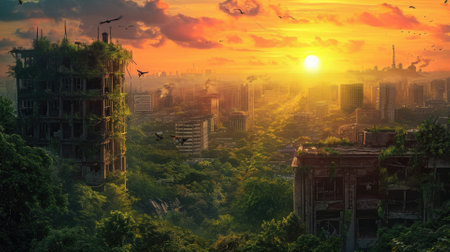 Sunrise brings light to an overgrown cityscape, where nature reclaims abandoned buildings in a scene of serene post-apocalyptic beauty. Resplendent.の素材