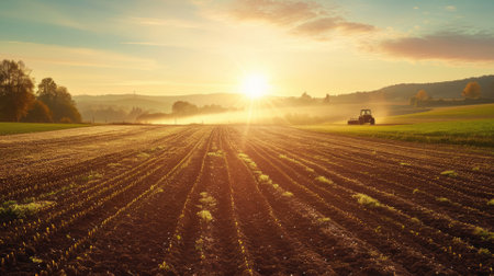 An early morning farmers field, dew on crops, sunrise casting a golden glow, tranquil and fertile landscape. Resplendent.の素材