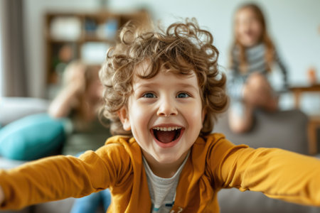 A cheerful young boy with curly hair presents a bright smile in the foreground, with his family relaxing on the couch behind him in a warm living room. AIG41の素材