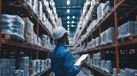 A warehouse employee in a high visibility vest uses a digital tablet to manage inventory in a large distribution center. AIG41の素材