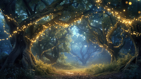 An ethereal twilight scene in a mystical forest, with trees adorned by warm glowing lights and a carpet of blue flowers under a starry sky. Resplendent.の素材