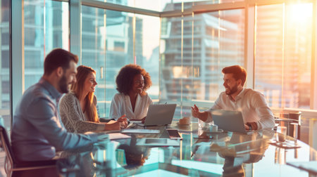 A group of people is seated around a table in a conference room, sharing smiles and engaging in a leisurely real estate event. AIG41の素材