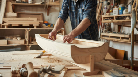 An experienced artisan carefully shapes wooden elements, demonstrating the art of fine woodworking in his cluttered workshop. AIG41の素材