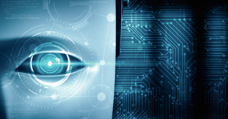 XAI 3d illustration Robot hominoid face close up with graphic concept of big data analytic by AI thinking brain, artificial intelligence and machine learning process for the 4th fourth industrialの写真素材