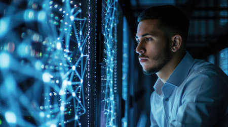 A data analyst closely examines complex data visualizations on multiple monitors, reflecting the analytical process in big data. AIG41の素材