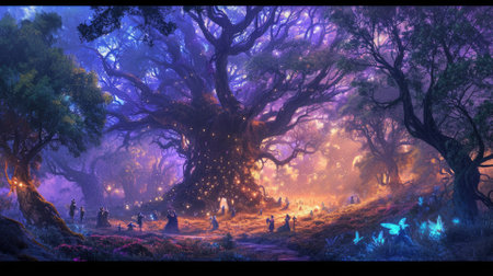 A magical forest at twilight, ethereal light filtering through trees, fairies dancing around an ancient oak. Resplendent.の素材