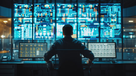 A man, wearing a hat and headphones, sits in front of a multimedia display device in a control room with an electric blue ambiance. AIG41の素材