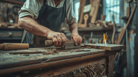 A man wearing a hat is skillfully crafting a piece of hardwood in his workshop, creating a beautiful art piece. AIG41の素材
