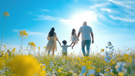 A happy family holding hands walks through a grassy field of flowers, surrounded by the beautiful natural landscape and vast sky. AIG41の素材