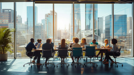 A crowd of real estate professionals gather in a glass conference room, sharing ideas and having fun during a building event. AIG41の素材