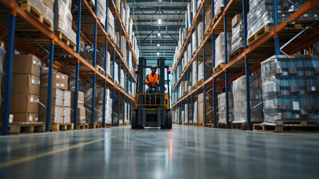 A man operates a forklift amidst shelving and fixtures in a warehouse, while moving wooden flooring for an upcoming event. AIG41の素材