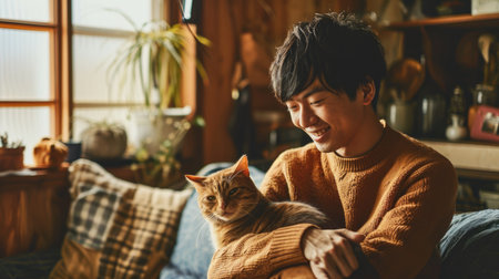 happy people at home with favorite pet , love and friendship of human and animal pragmaの素材