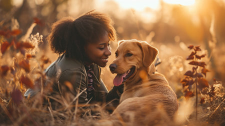 playful dog and its owner in nature outdoor , healthy lifestyle pragmaの素材