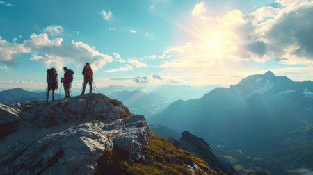 A group of friends on a hiking adventure, panoramic mountain views, capturing the spirit of friendship and exploration. Resplendent.の素材