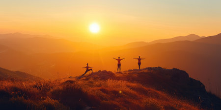 Group of people practicing yoga poses at sunrise on a mountain peak above the clouds, symbolizing peace and mindfulness. Resplendent.の素材
