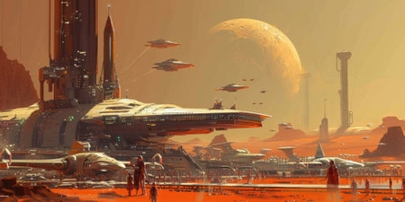 Futuristic Martian spaceport with advanced spacecraft and rocky terrain. Resplendent.の素材