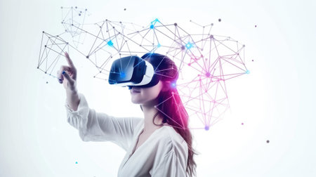 A woman interacts with a virtual reality interface, manipulating geometric shapes in a simulated environment for an advanced digital experience. AIG41の素材