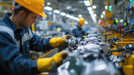 A man is working on an engine in an automotive factory, specializing in the production of motor vehicles and auto parts. AIG41の素材