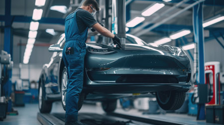 A mechanic fixing a car in an automotive factory AIG41の素材