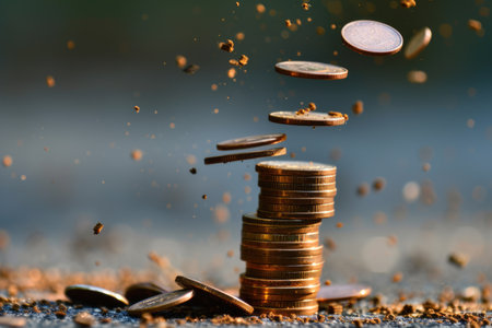 Economic downturn, debt crisis and market crash concept shown by shattering coins AIG41の素材