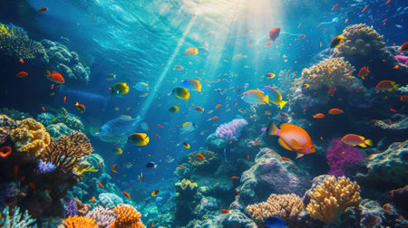 An underwater coral reef scene, diverse marine life, vivid colors, showcasing the beauty and diversity of ocean life. Underwater photography, coral reef ecosystem, diverse marine life,. Resplendent.の素材