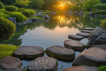 Path of circular stepping stones across a calm pond in a lush, serene zen garden at sunrise. Resplendent.の素材