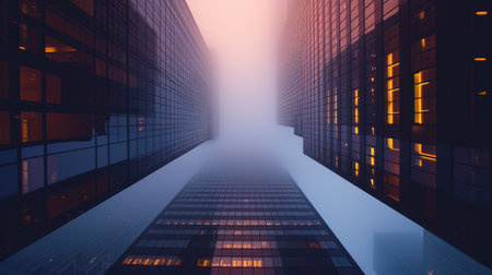Gazing into the fog, a line of towering skyscrapers emerges. The glass-clad buildings create a parallel and symmetrical ensemble in the bustling metropolitan area. AIG41の素材