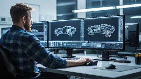 A man sits at a desk with two computer monitors, using a personal computer and peripherals for engineering work. AIG41の素材