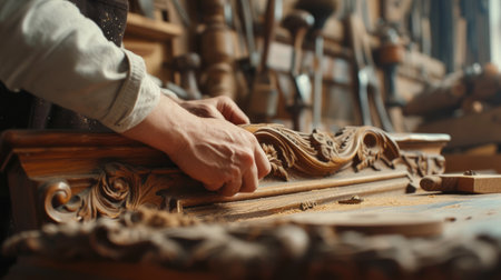 A man wearing a hat is skillfully crafting a piece of hardwood in his workshop, creating a beautiful art piece. AIG41の素材