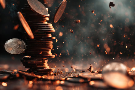 Economic downturn, debt crisis and market crash concept shown by shattering coins AIG41の素材
