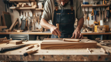 An experienced artisan carefully shapes wooden elements, demonstrating the art of fine woodworking in his cluttered workshop. AIG41の素材