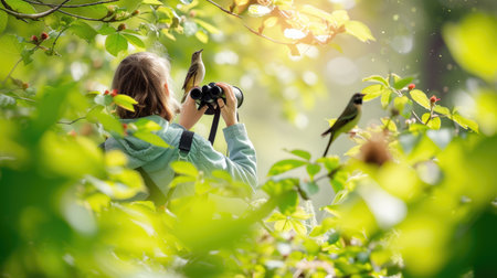 young explorers use binoculars to observe a colorful bird, immersed in the vibrant foliage of a dense forest. AIG41の素材