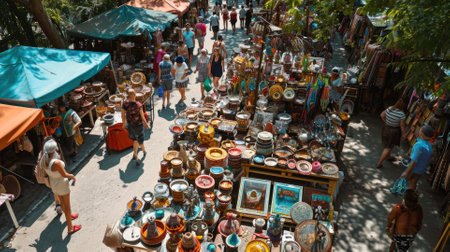 Visitors wander among colorful stalls under a blue sky in an outdoor market, exploring a variety of local goods and souvenirs. Resplendent.の素材